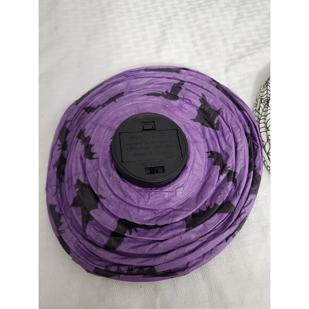 Halloween Paper Lanterns Set of 2 Purple Bat White Spiderweb LED Hanging Decor
